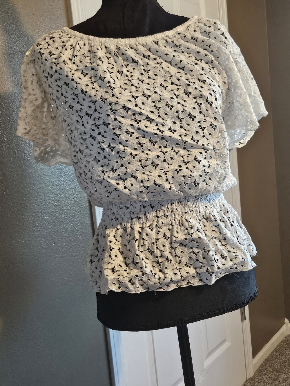 INC International Concepts White Crochet Smocked Peplum Top